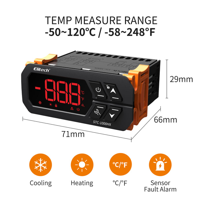 Termostato controlador de temperatura Elitech STC-1000HX, actualización STC-1000, interruptor automático de refrigeración y calefacción, ℃/℉, con sensor de sonda de temperatura NTC