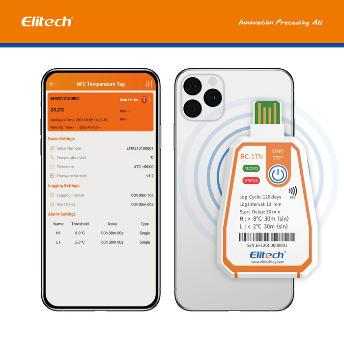 Elitech RC-17N Registrador de temperatura NFC desechable de un solo uso Registrador de datos Informe PDF USB Indicador de 2 colores