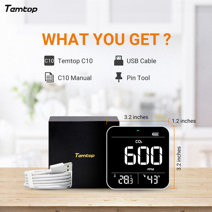 Temtop C10 CO2 Monitor, Air Quality Monitor, Indoor Carbon Dioxide Detector, Tester for CO2, Temperature and Relative Humidity