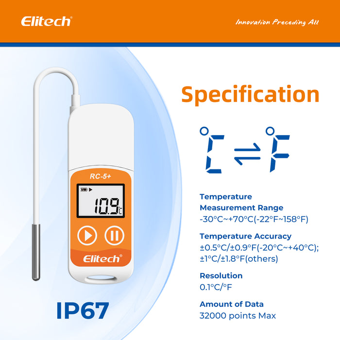 Registratore di dati di temperatura USB Elitech RC-5+ TE PDF con sonda esterna -22℉~158℉