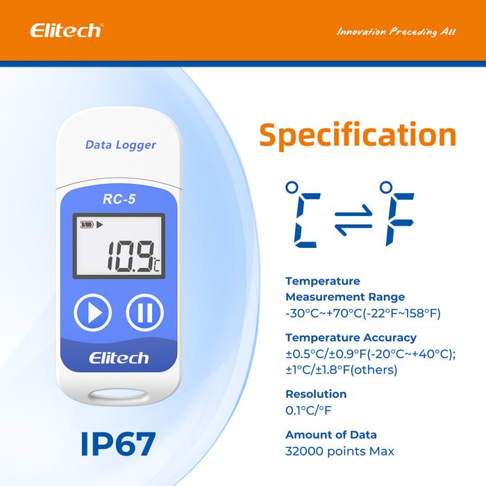 Elitech RC-5+ Mini USB Temperature Data Logger – 32000 Points, PDF Report, USB Interface