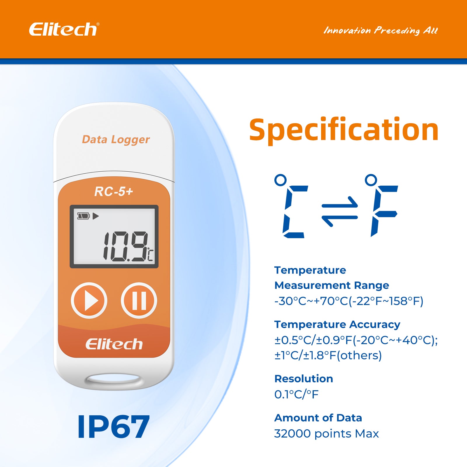 Elitech RC-5+ Temperature Data Logger, PDF USB Temperature Data Recorder, 32000 Points, with Calibration Certified