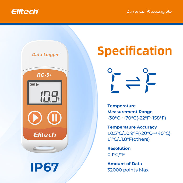 Enregistreur de données de température Elitech RC-5+, enregistreur de données de température PDF USB, 32000 points, avec étalonnage certifié