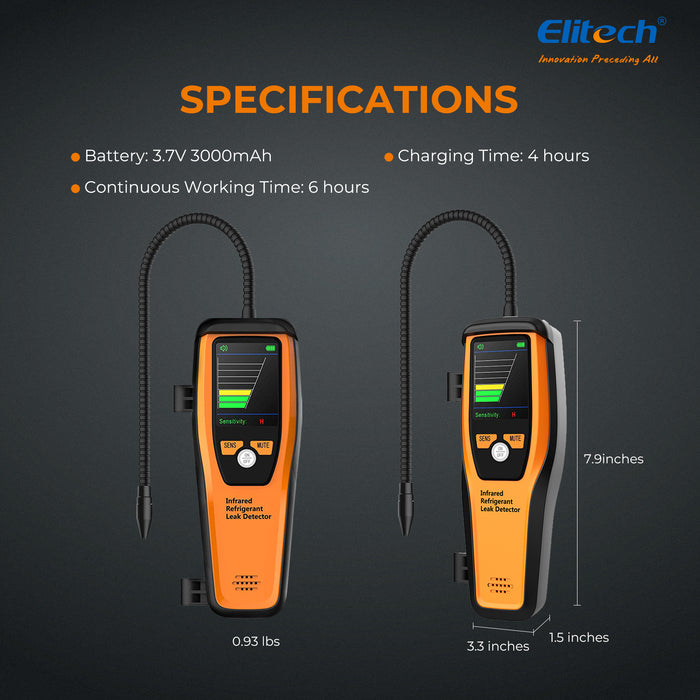 Detector electrónico de fugas de refrigerante Elitech ILD-100 HVAC, detector de fugas de freón, sensor infrarrojo de hasta 10 años de vida útil, 4 g/año