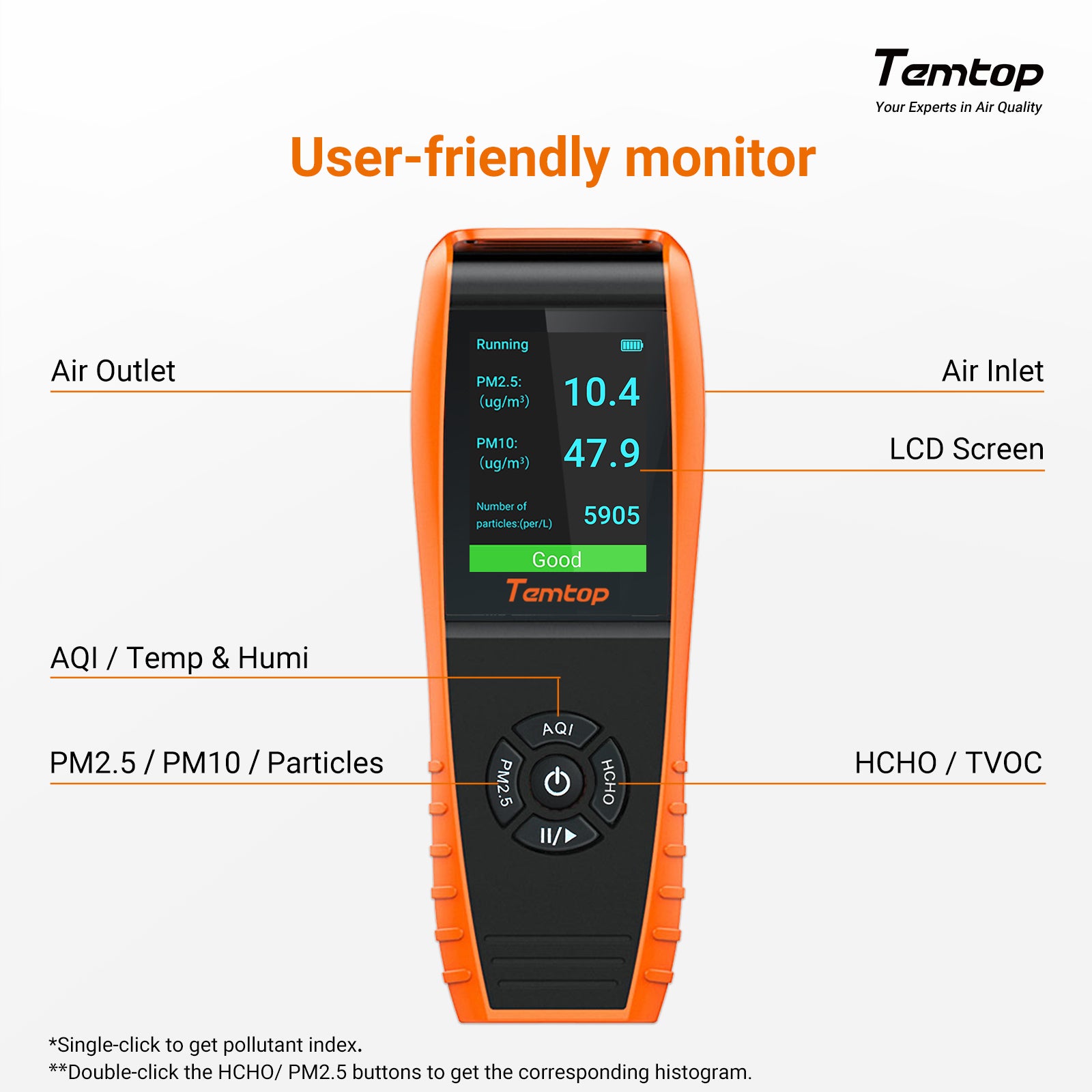 Temtop LKC-1000S+ 2nd Air Quality Monitor, Data Export PM2.5 PM10 HCHO AQI Particles VOCs Humidity and Temperature