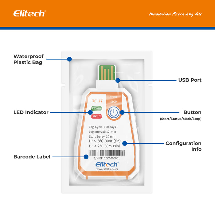 Elitech RC-17 Enregistreur de température jetable à usage unique Enregistreur de données Rapport USB PDF Indicateur bicolore