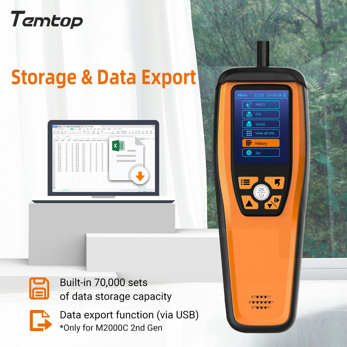 Temtop M2000C 2nd CO2 Air Quality Monitor for CO2 PM2.5 PM10 Particles Detector Temperature Humidity Display Audio Alarm Recording Curve, Data Export