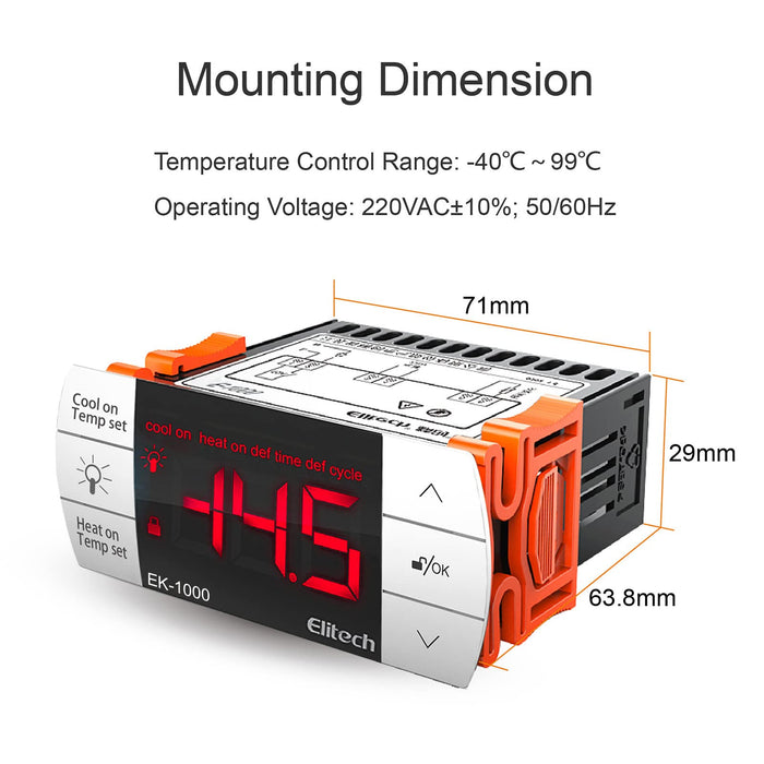 Elitech EK-1000 Régulateur de température Thermostat d'aquarium 220 V avec mode de dégivrage automatique de refroidissement et de chauffage