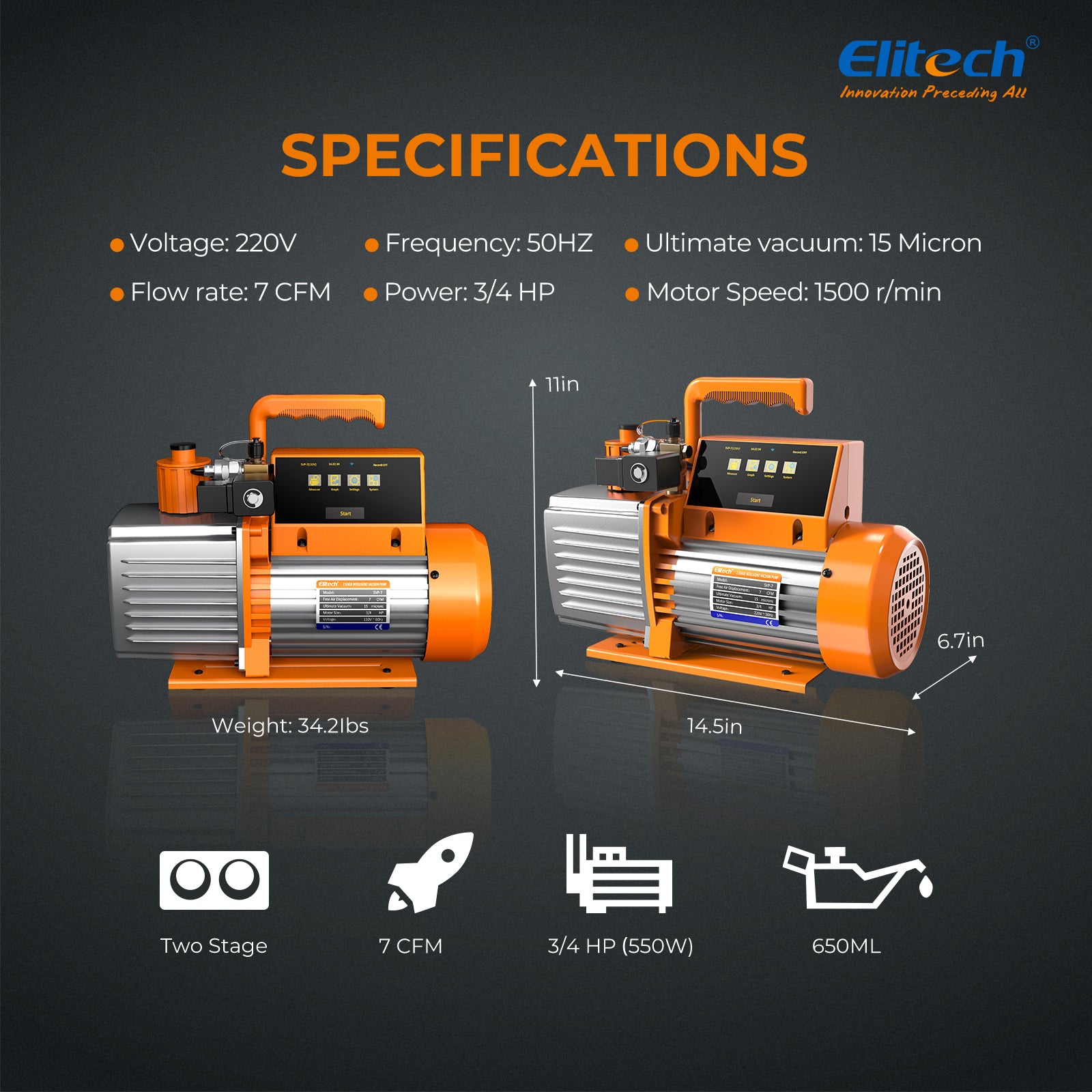 Elitech SVP-7/V700 220V Intelligent 2-Stage Vacuum Pump, 7CFM, 3L/S, APP Control, Data Logging, Smart Control, HVAC Refrigerator Heat Pump Auto Air Condition Service Tool (oil is not included)