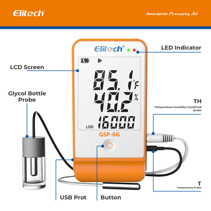 Registratore di dati di temperatura e umidità Elitech GSP-6G con sensore di temperatura della bottiglia di glicole Doppi sensori esterni
