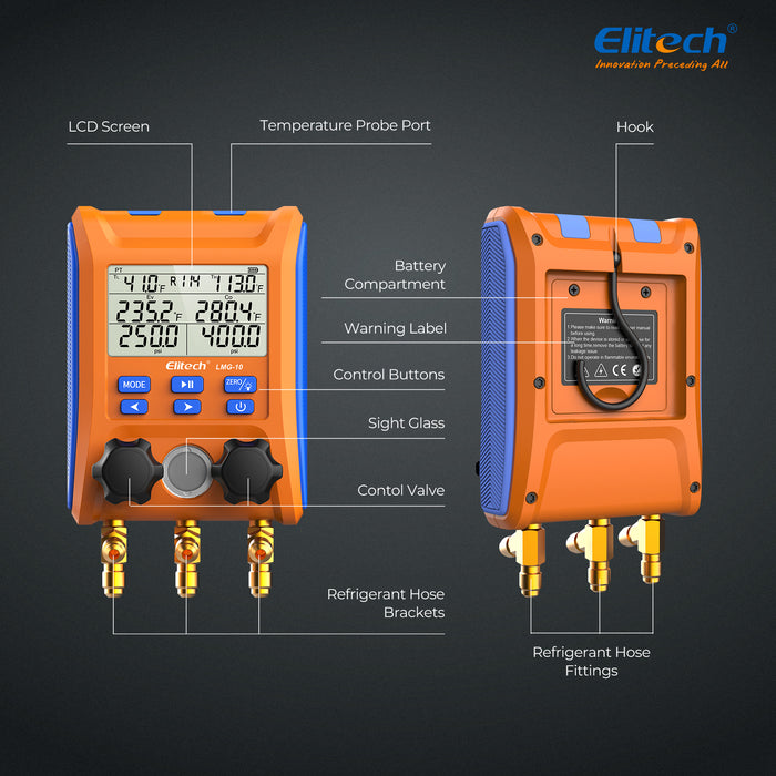 Elitech LMG-10 juego de manómetros digitales de refrigeración, probador de fugas de vacío de temperatura de presión de alta precisión, kit de medidor de diagnóstico