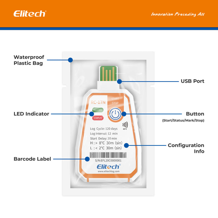 Elitech RC-17N Enregistreur de température jetable à usage unique NFC Enregistreur de données Rapport USB PDF Indicateur bicolore