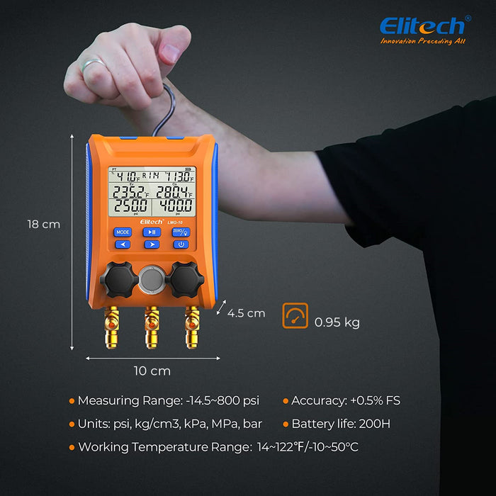 Elitech LMG-10 Digitales Kälte-Verteilermessgerät-Set, hochpräzises Druck-Temperatur-Vakuum-Leckage-Tester-Dignostik-Messgerät-Set