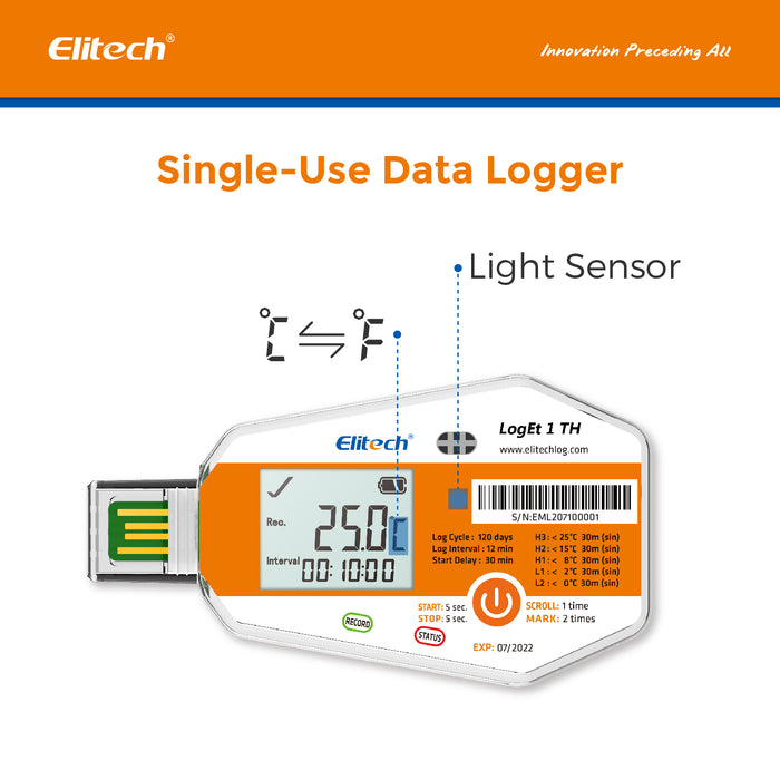Elitech LogEt-1TH Registrador de datos de temperatura y humedad de un solo uso, Registrador de datos de vacunas y productos farmacéuticos, Registrador de temperatura desechable para vacunas y productos farmacéuticos
