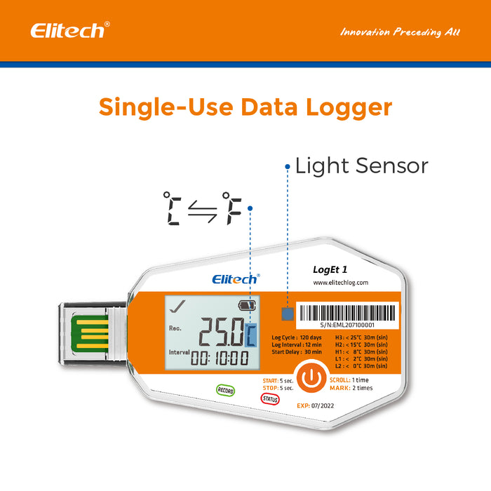 Elitech LogEt-1 Registratore di dati di temperatura monouso, registratore di dati su vaccini e prodotti farmaceutici, registratore di temperatura usa e getta per vaccini e prodotti farmaceutici