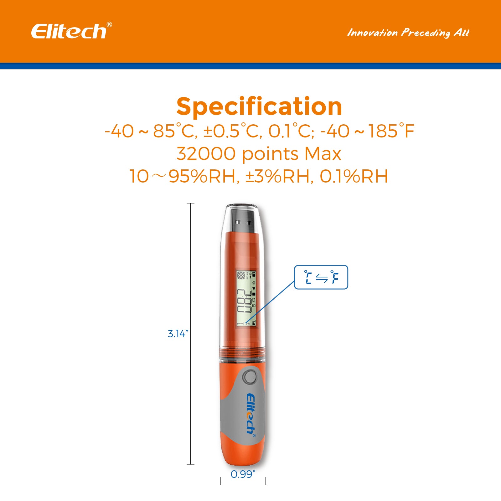 Elitech RC-51H USB Temperature Humidity Data Logger, 32000 Recordings ,PDF Report, 2-Year Battery Life, Calibration Certified