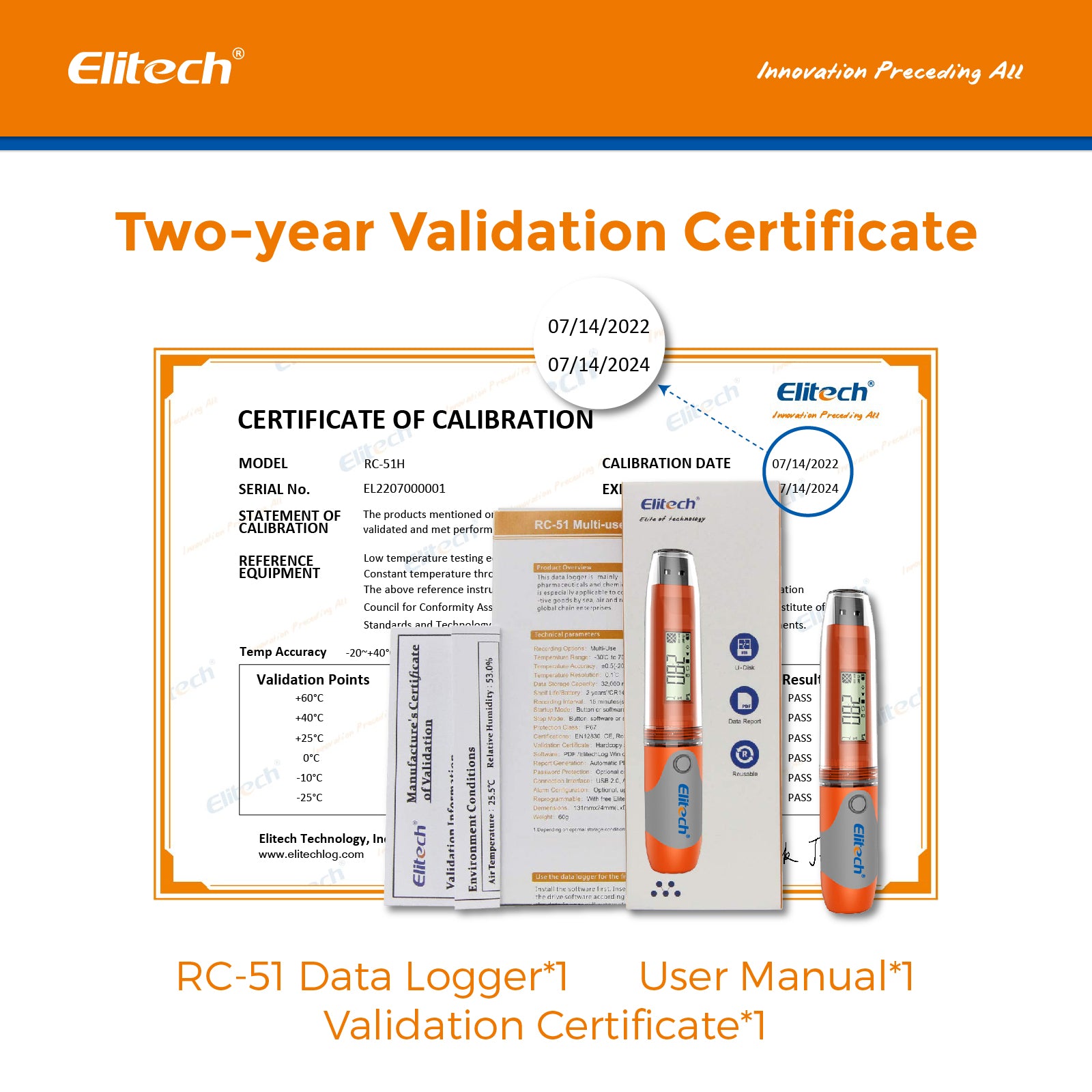 Elitech RC-51H USB Temperature Humidity Data Logger, 32000 Recordings ,PDF Report, 2-Year Battery Life, Calibration Certified