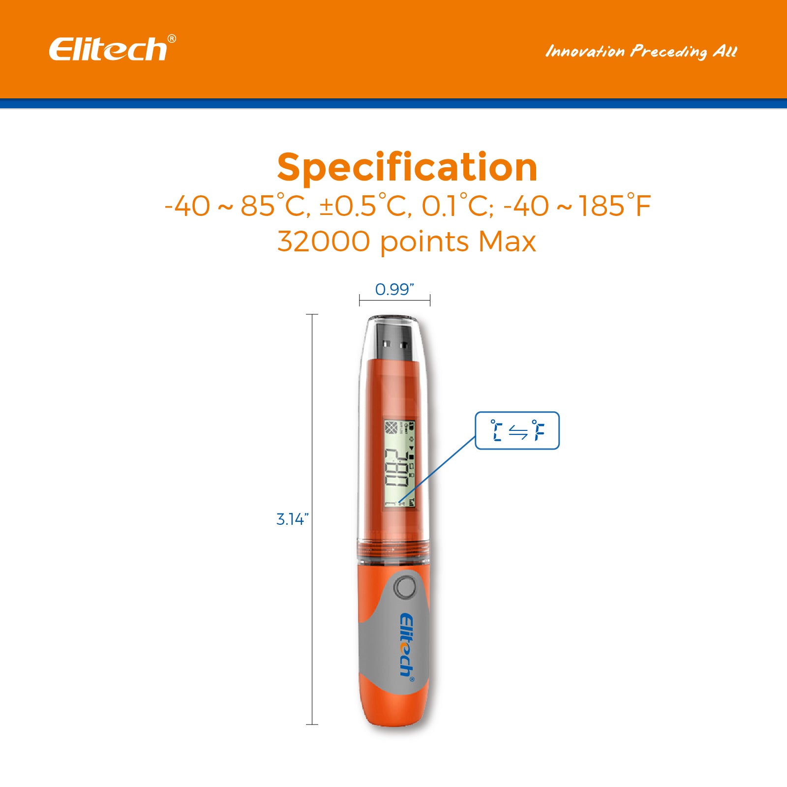 Elitech RC-51 USB Temperature Data Logger Recorder Tester, 32000 Recordings, PDF Report, IP67 Waterproof, Multiple Alarms, 2-Year Battery Life with Calibration Certified