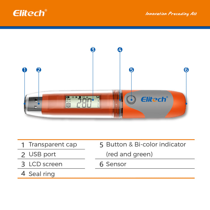 Elitech RC-51 Enregistreur de données de température USB testeur, 32000 enregistrements, rapport PDF, étanche IP67, plusieurs alarmes, autonomie de 2 ans avec étalonnage certifié