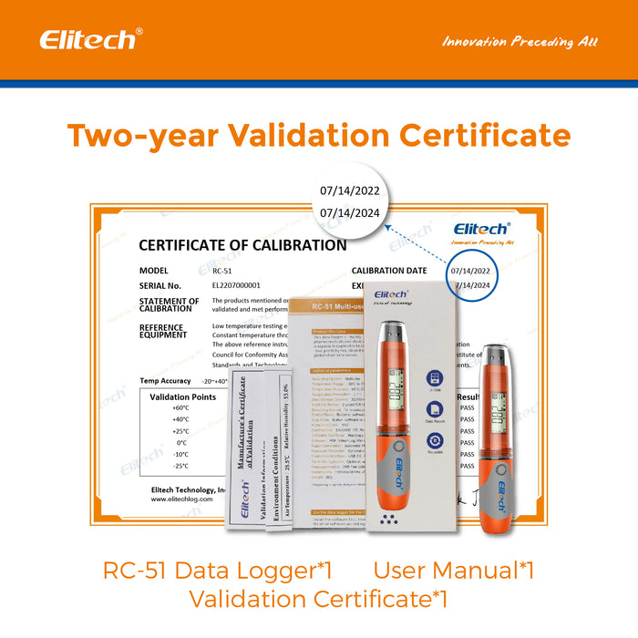 Elitech RC-51 Probador de registrador de datos de temperatura USB, 32000 grabaciones, informe PDF, IP67 a prueba de agua, múltiples alarmas, duración de la batería de 2 años con calibración certificada