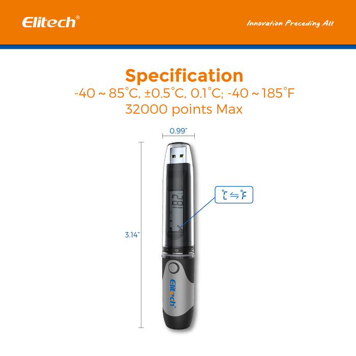 Elitech RC-51 PDF USB Enregistreur de données de température Enregistreur Testeur Points Stylo Style 32000 Points d'enregistrement (Noir)