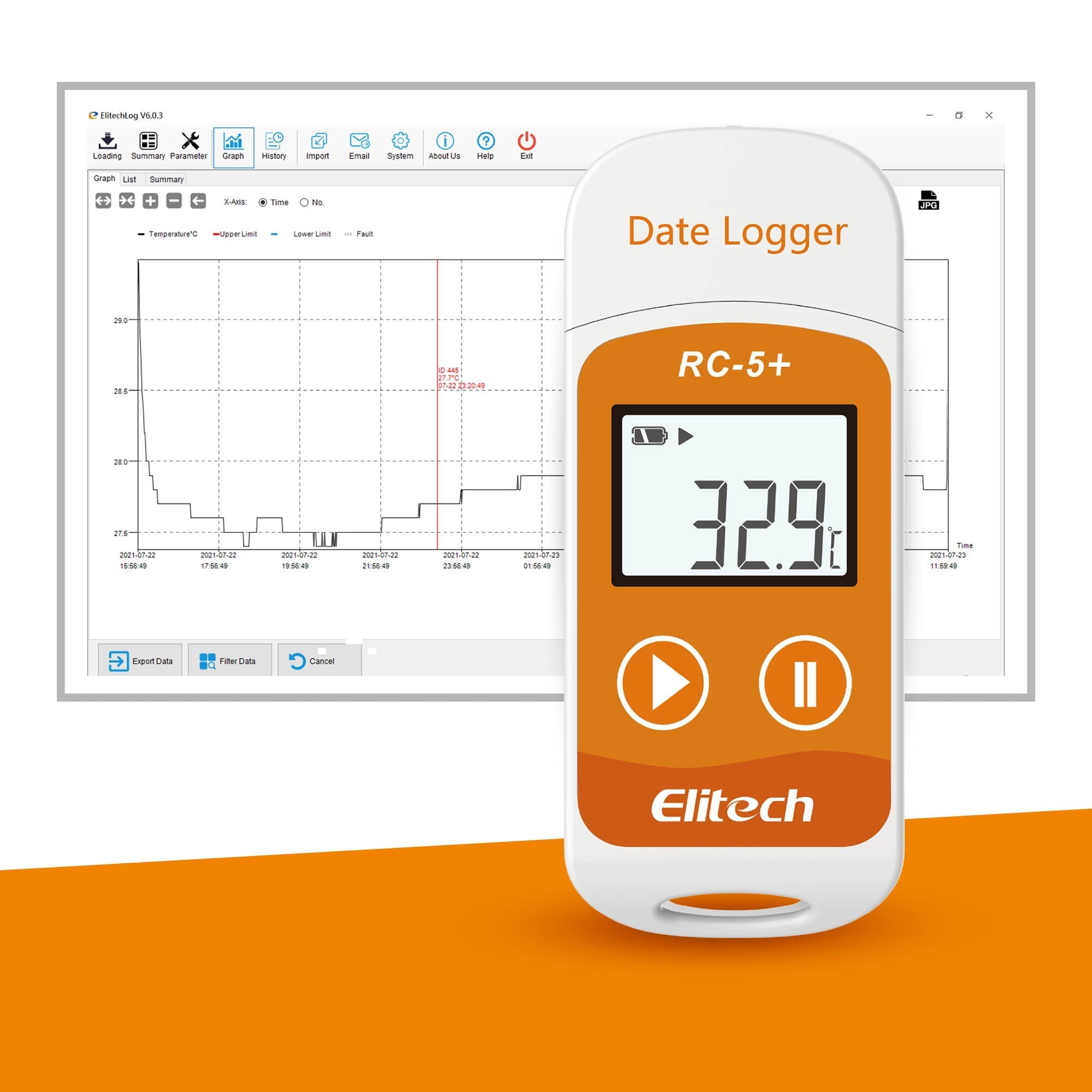 Elitech RC-5+ Temperature Data Logger, PDF USB Temperature Data Recorder, 32000 Points, with Calibration Certified Multi-Use Temperature Data Logger Elitech 