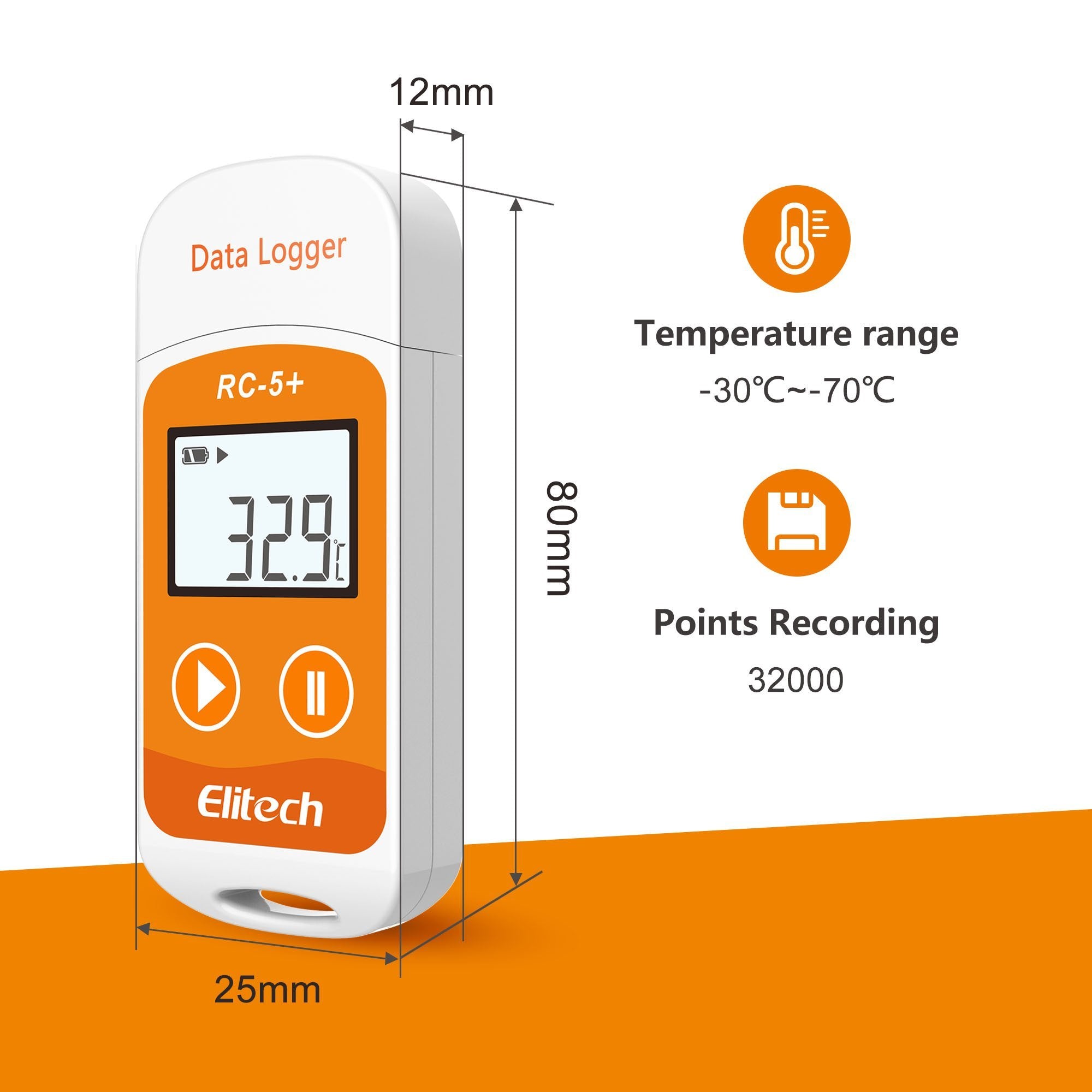 Elitech RC-5+ Temperature Data Logger, PDF USB Temperature Data Recorder, 32000 Points, with Calibration Certified Multi-Use Temperature Data Logger Elitech 