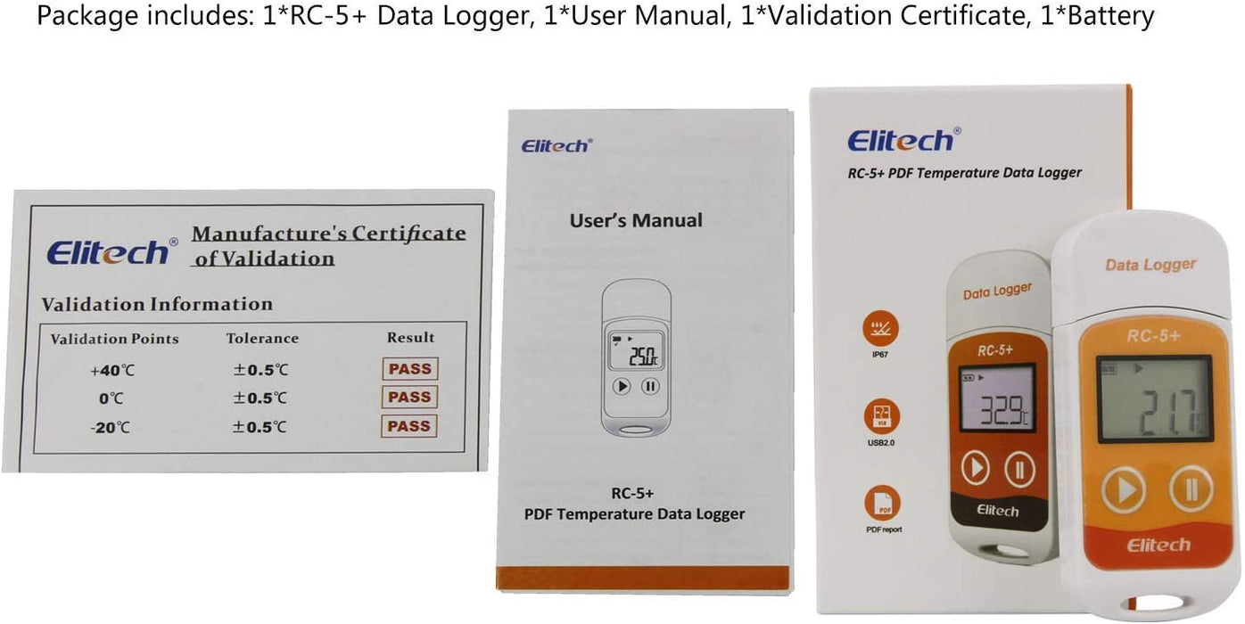 Elitech RC-5+ Temperature Data Logger, PDF USB Temperature Data Recorder, 32000 Points, with Calibration Certified Multi-Use Temperature Data Logger Elitech 