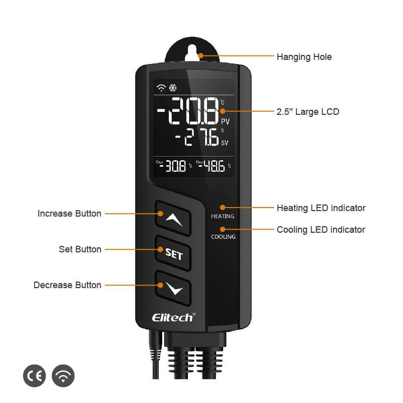 Elitech STC-1000WiFi Temperature Controller Thermostat Automatic Switch Cooling and Heating, Prewired - Just Plug and Play, WiFi Wireless Remote Control, Wall-mounted - Elitech UK