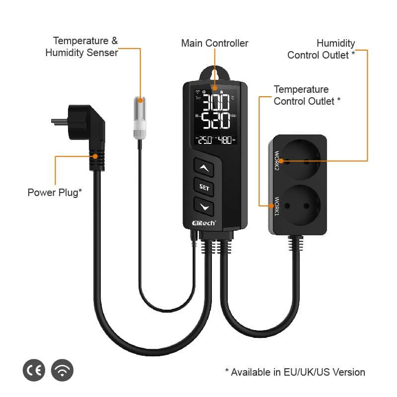 Elitech STC-1000WiFi TH Intelligent Temperature and Humidity Controller, Prewired - Just Plug and Play, WiFi Wireless Remote Control, Wall-mounted - Elitech UK