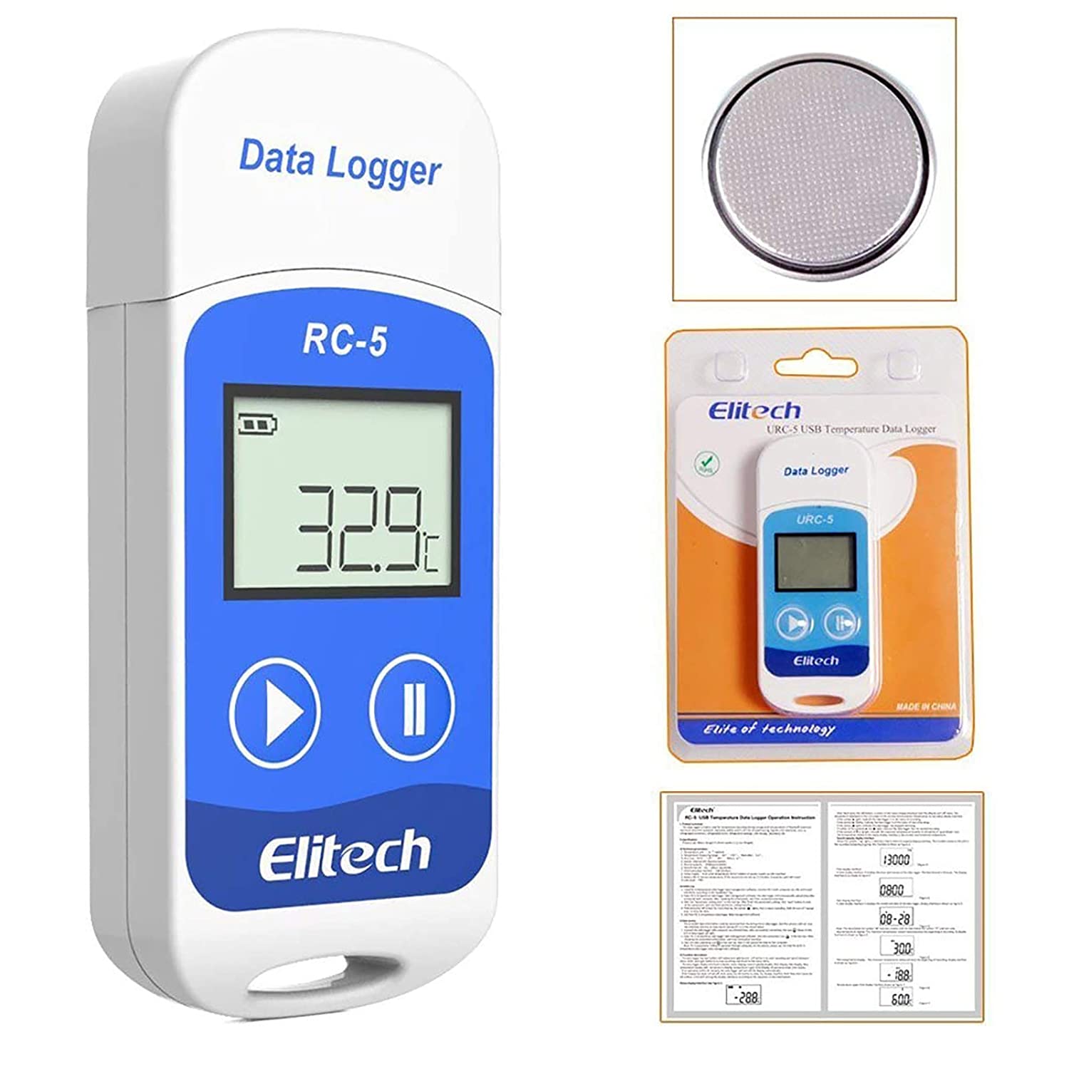 Elitech RC-5 Temperature Data Logger, Temperature Data Recorder, USB 2.0, Graphic Report, 32000 Points with Internal Sensor Multi-Use Temperature Data Logger Elitech 