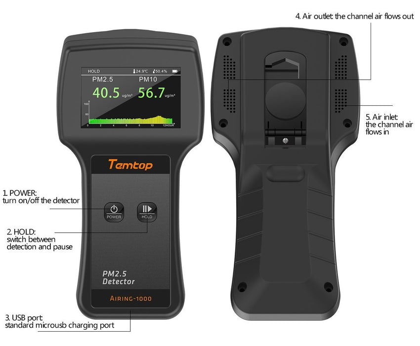Temtop Air Quality Monitor Real Time Display High Accuracy PM2.5/PM10 Detector with Temperature Humidity Display, Heavy Duty Engineer Professional Level Airing-1000【3 Years Warranty】 - Elitech UK