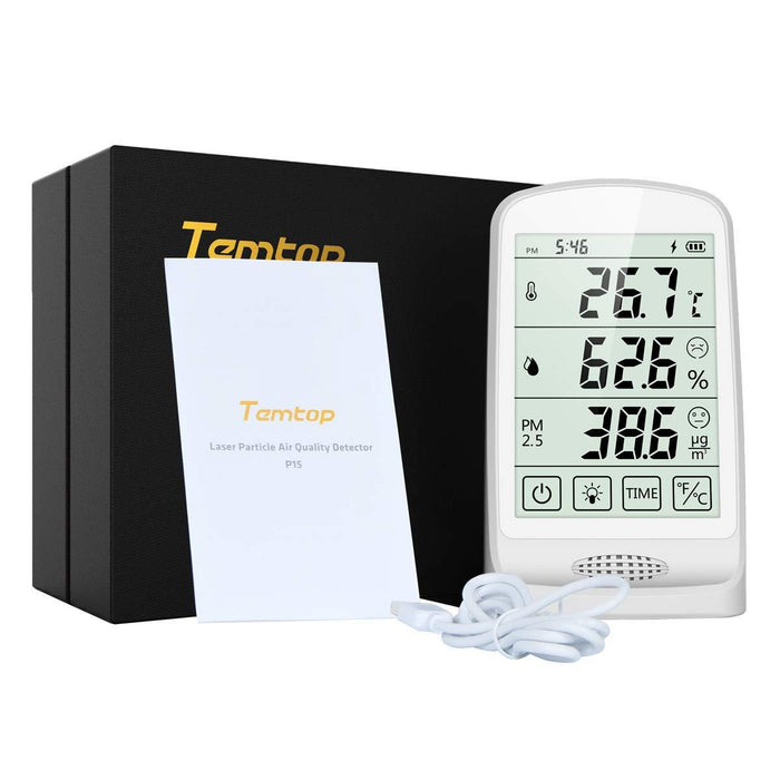 Temtop P15 Air Quality Monitor for PM2.5 AQI Professional Electrochemical Sensor Detector, Tester-Real Time Display, Rechargeable Battery - ELITECH UK